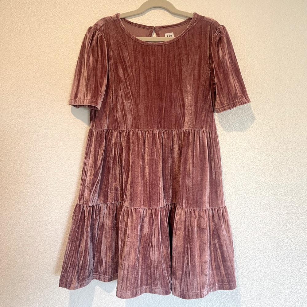 Dusty rose pink velour dress, GAP kids, girls size 10, L, flounce style dress.